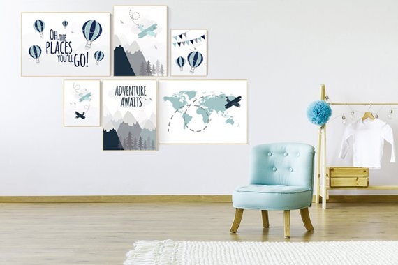 Nursery decor boy mountains adventure, mountain nursery art, adventure awaits. mountain, hot air balloon, planes, world map, gender neutral
