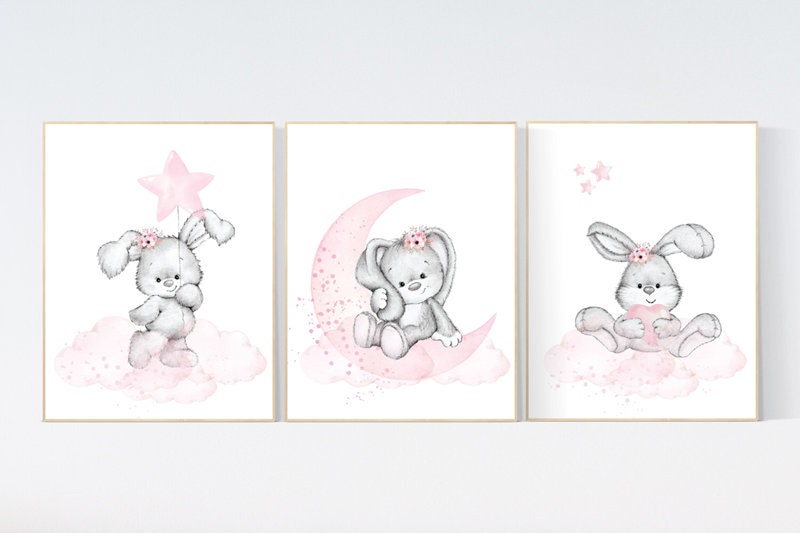 Nursery decor girl flower bunny, nursery wall art bunny, pink and gray, bunny print nursery girl, rabbit nursery art, rabbit print nursery