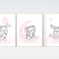 Bunny print nursery girl, Nursery decor girl flower bunny, nursery wall art bunny, pink and gray, rabbit nursery art, rabbit print nursery