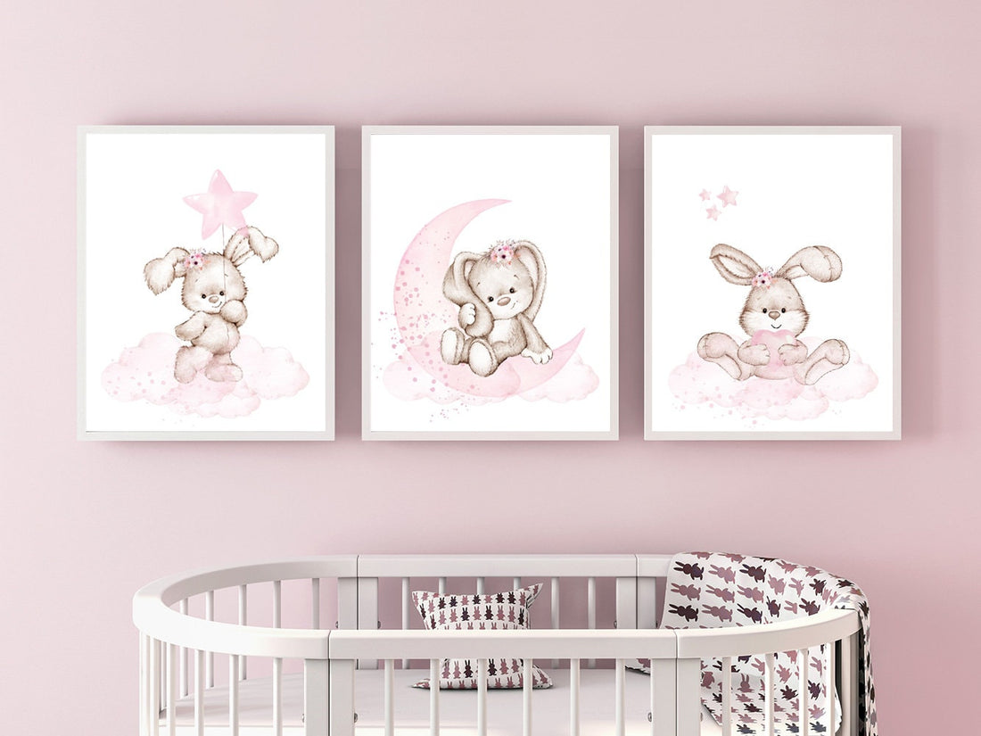 Bunny Nursery Print Set: Pink Flower Rabbit Wall Art