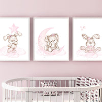 Bunny Nursery Print Set: Pink Flower Rabbit Wall Art