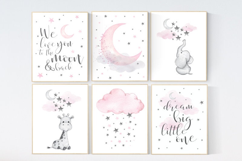 Nursery decor elephant, giraffe nursery, nursery decor girl elephant, girl room wall art, baby nursery wall art, moon and stars print,