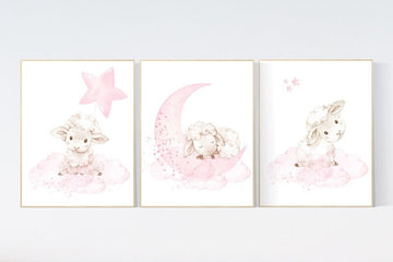Lamb nursery decor, Sheep nursery decor, Nursery decor girl, nursery wall art sheep, moon and cloud wall art nursery, girl nursery decor