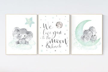 Elephant nursery art, elephant nursery print, mint nursery decor, we love you to the moon and back, gender neutral, aqua, moon and stars