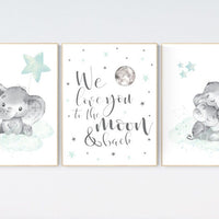 Elephant nursery art, elephant nursery print, mint nursery decor, we love you to the moon and back, gender neutral, aqua, moon and stars