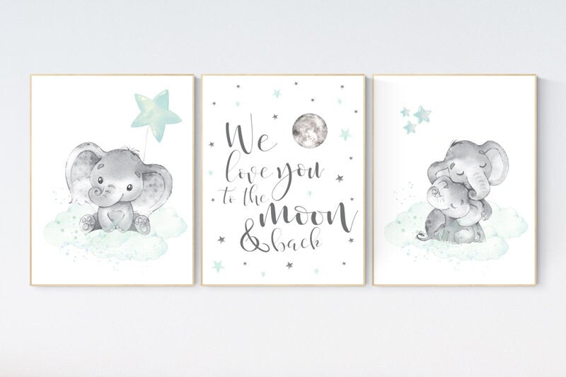 Elephant nursery art, elephant nursery print, mint nursery decor, we love you to the moon and back, gender neutral, aqua, moon and stars