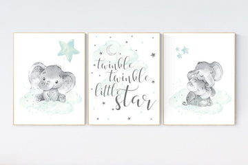 Elephant nursery art, elephant nursery print, mint nursery, twinkle twinkle little star, baby room art, gender neutral, aqua, moon and stars