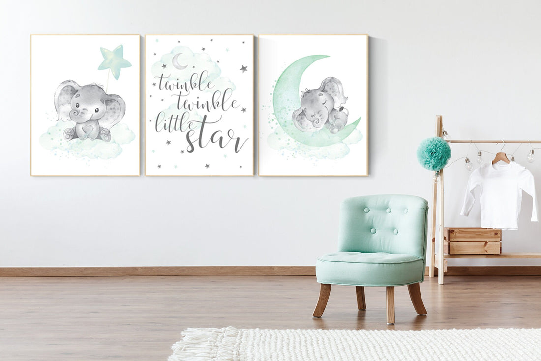 Elephant nursery art, elephant nursery print, mint nursery, twinkle twinkle little star, baby room art, gender neutral, aqua, moon and stars