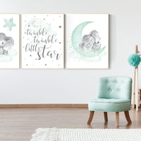 Elephant nursery art, elephant nursery print, mint nursery, twinkle twinkle little star, baby room art, gender neutral, aqua, moon and stars