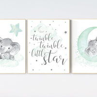 Elephant nursery art, elephant nursery print, mint nursery, twinkle twinkle little star, baby room art, gender neutral, aqua, moon and stars