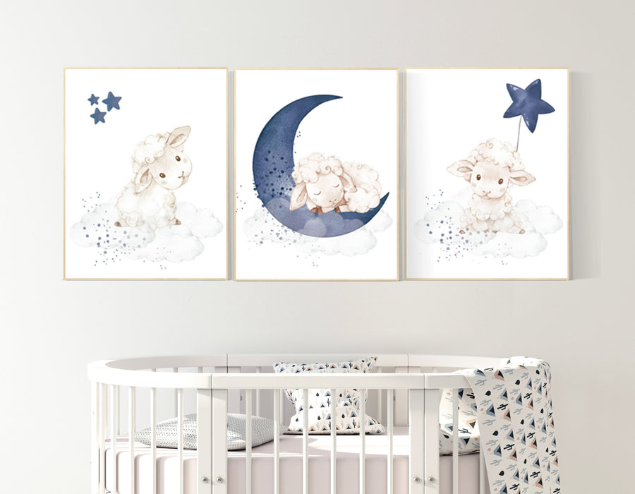 Lamb Nursery Wall Art Set, Moon and Stars Baby Room Decor, Sleepy Sheep Prints, Blue Night Sky Theme, Baby Boy Bedroom Wall Posters
