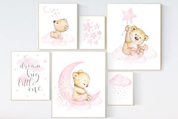 Nursery decor girl, bear nursery decor for girls, nursery decor girl, girl wall art, dream big little one, teddy bear nursery, pink nursery
