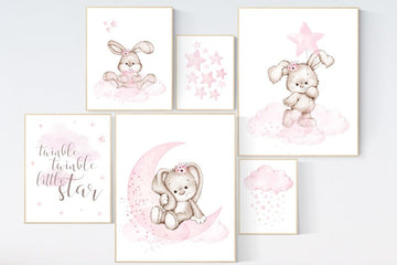 Nursery wall art girl, Rabbit nursery print, Nursery decor girl flower bunny, nursery print set girl, Bunny wall art, Bunnies nursery print