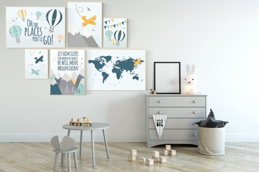 Nursery decor boy mountains adventure, let him sleep for when he wakes he will move mountains, nursery decor boy airplane, world map nursery