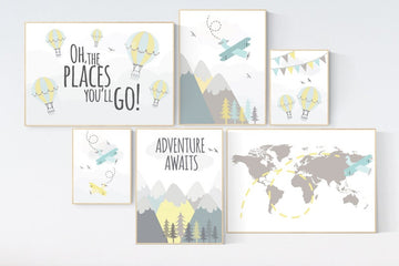 Adventure nursery decor, Nursery decor boy mountains adventure, nursery decor boy airplane, world map nursery, adventure awaits, yellow blue