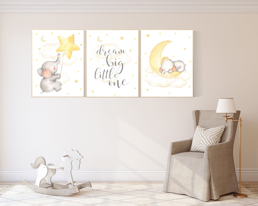 Nursery wall art elephant, Nursery decor neutral, gender neutral, twinkle twinkle little star, yellow nursery, cloud and stars, moon nursery