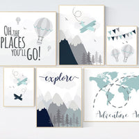 Adventure nursery, Nursery decor boy mountains adventure, mountain nursery art, hot air balloon, planes, world map nursery, adventure awaits