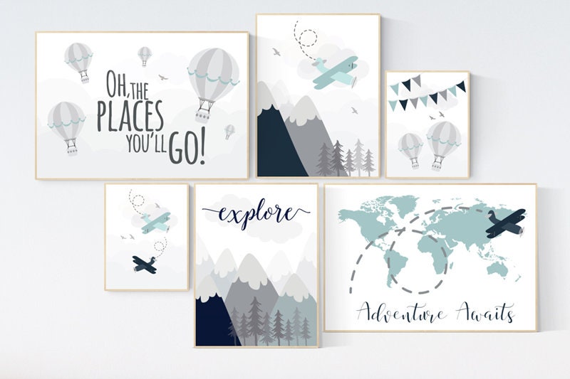 Adventure nursery, Nursery decor boy mountains adventure, mountain nursery art, hot air balloon, planes, world map nursery, adventure awaits