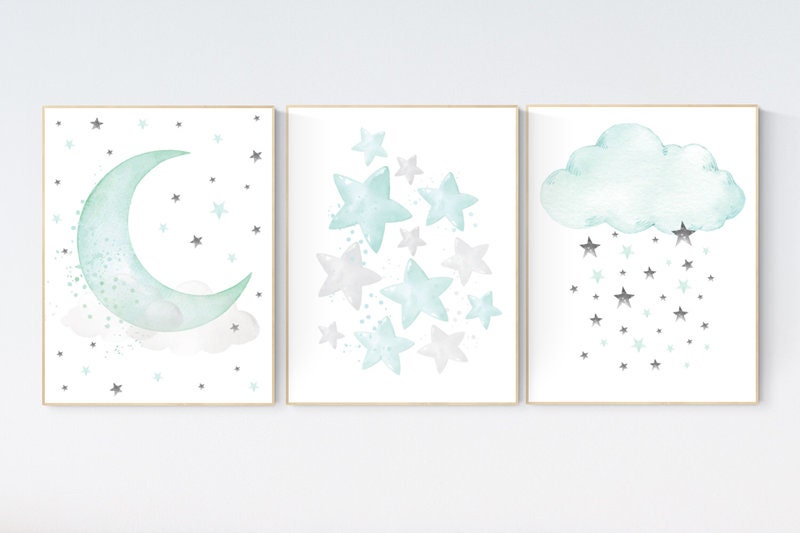 Moon and Stars Nursery Wall Art Set of 3 - Mint Green Cloud Print - Gender Neutral Baby Room Decor, Nursery prints, baby room art