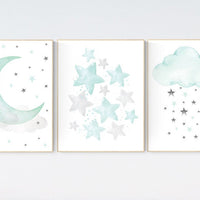 Moon and Stars Nursery Wall Art Set of 3 - Mint Green Cloud Print - Gender Neutral Baby Room Decor, Nursery prints, baby room art