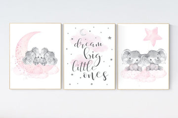 Elephant nursery art, twin nursery, elephant nursery print, pink and gray nursery, cloud and stars nursery, baby room decor girl