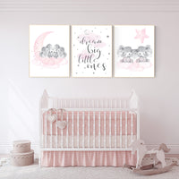 Elephant nursery art, twin nursery, elephant nursery print, pink and gray nursery, cloud and stars nursery, baby room decor girl