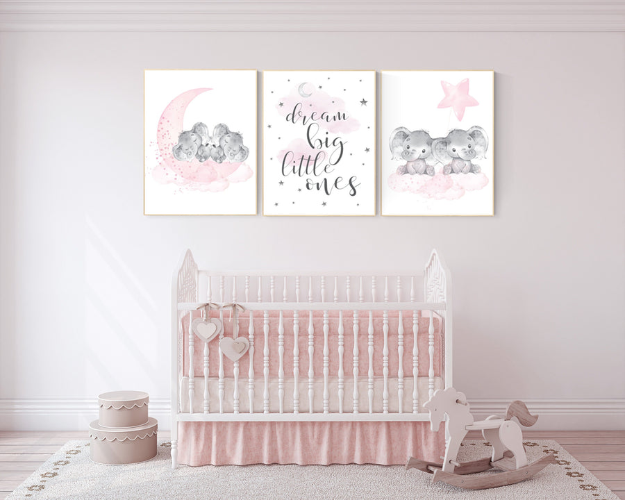 Elephant nursery art, twin nursery, elephant nursery print, pink and gray nursery, cloud and stars nursery, baby room decor girl