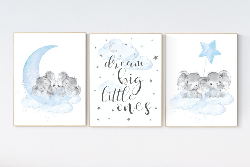Elephant nursery art, twin nursery, elephant nursery print, blue and gray nursery, cloud and stars nursery, baby room decor boy