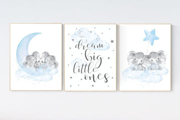 Elephant nursery art, twin nursery, elephant nursery print, blue and gray nursery, cloud and stars nursery, baby room decor boy