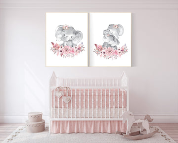 Nursery decor girl boho, elephant nursery wall art, nursery decor girl floral, nursery decor girl woodland, floral nursery, boho nursery