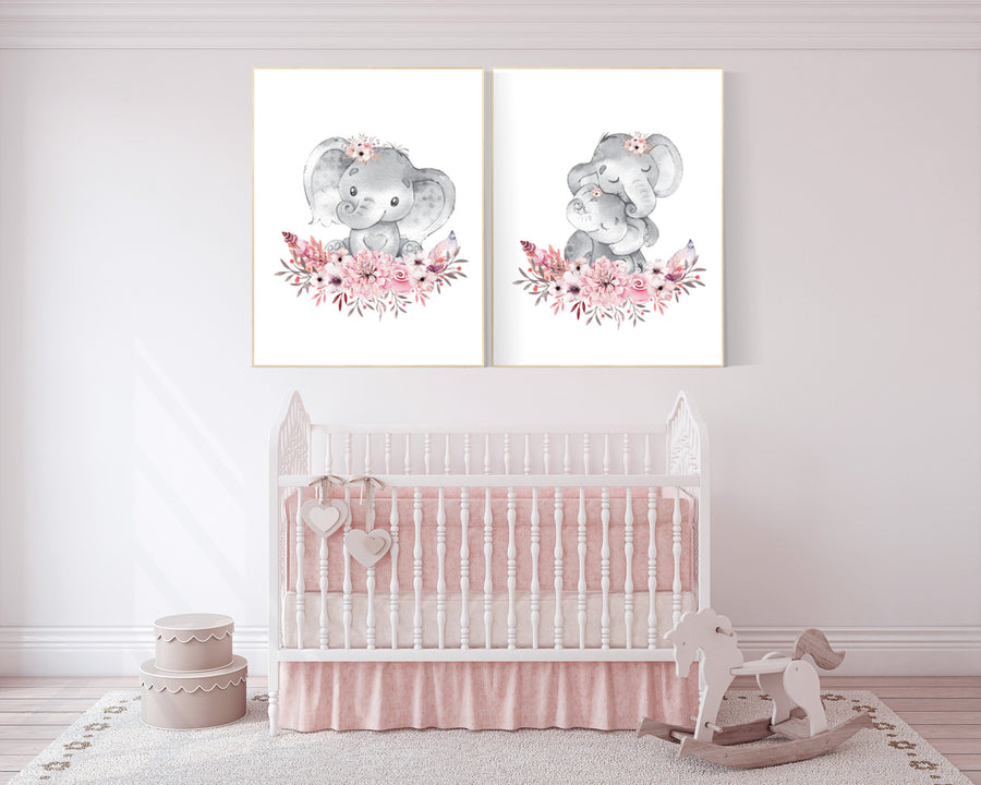 Nursery decor girl boho, elephant nursery wall art, nursery decor girl floral, nursery decor girl woodland, floral nursery, boho nursery