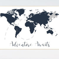 Nursery wall art map, adventure awaits, world map print, nursery decor boy mountains adventure, navy blue, plane nursery decor, navy gray
