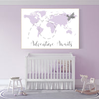 Nursery decor map, Lilac nursery decor, adventure awaits, travel nursery decor, world map nursery, purple nursery decor, baby girl