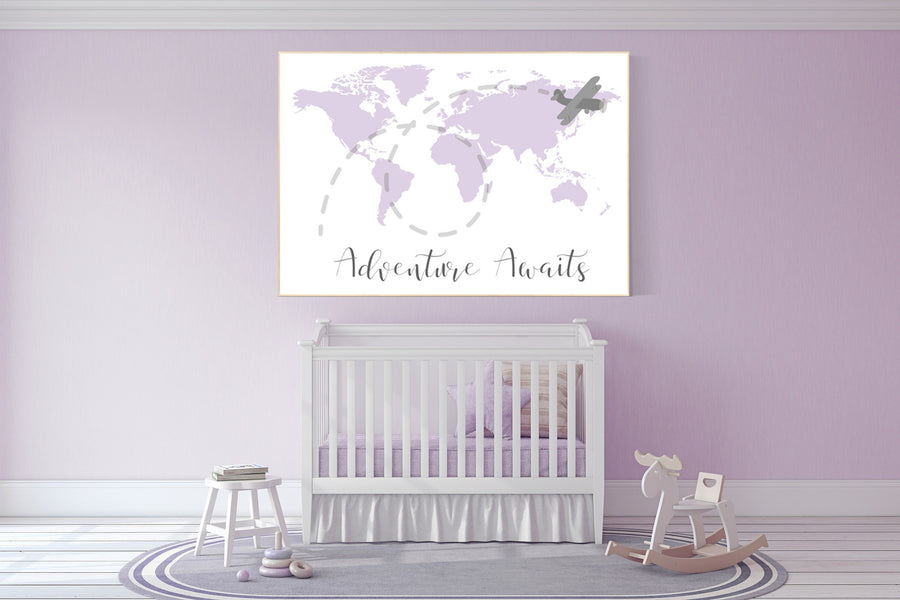 Nursery decor map, Lilac nursery decor, adventure awaits, travel nursery decor, world map nursery, purple nursery decor, baby girl