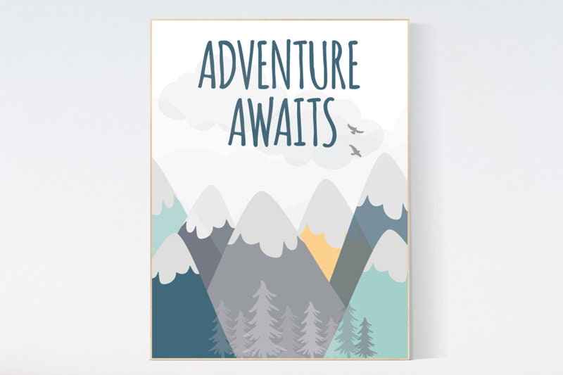 Nursery decor boy mountains adventure, nursery wall art woodland, adventure awaits nursery, nursery decor neutral, baby room decor mountains