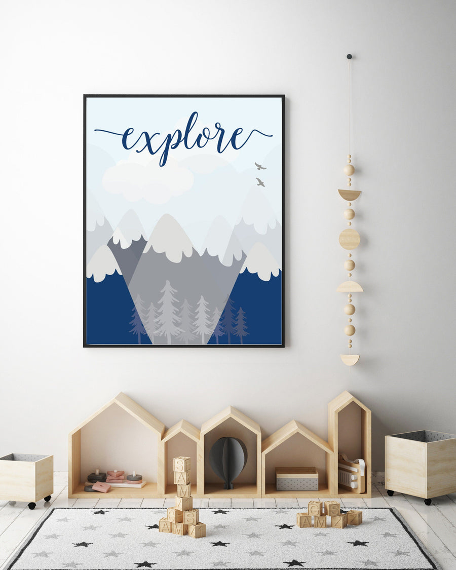 Explore, Nursery wall art woodland, Woodland nursery, baby room print, nursery prints neutral, baby room decor mountains, adventure nursery
