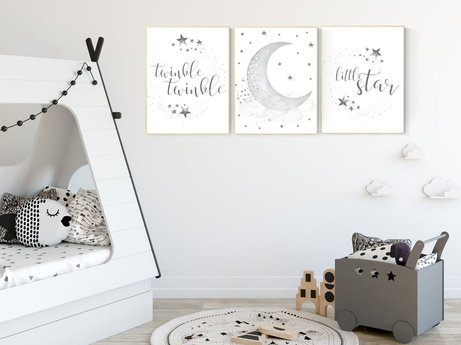 Twinkle twinkle little star, cloud nursery decor, Nursery decor neutral, moon and stars nursery, gray nursery, gender neutral, grey nursery