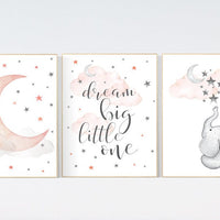 Nursery decor girl coral, Nursery decor elephant, dream big little one, cloud and stars, moon and stars nursery, coral and gray nursery