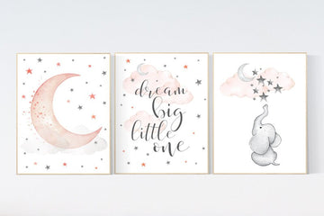 Nursery decor girl coral, Nursery decor elephant, dream big little one, cloud and stars, moon and stars nursery, coral and gray nursery