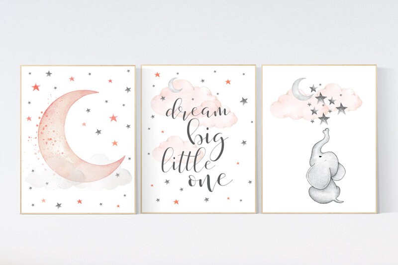 Nursery decor girl coral, Nursery decor elephant, dream big little one, cloud and stars, moon and stars nursery, coral and gray nursery