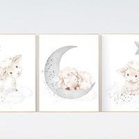 Sheep nursery decor, Gray nursery decor, nursery decor lambs, nursery wall art sheep, moon and cloud wall art nursery gender neutral nursery