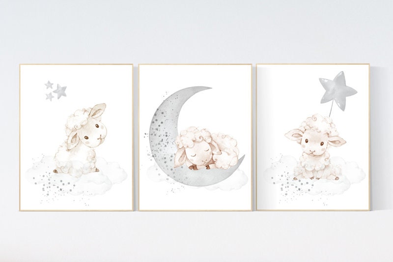Sheep nursery decor, Gray nursery decor, nursery decor lambs, nursery wall art sheep, moon and cloud wall art nursery gender neutral nursery