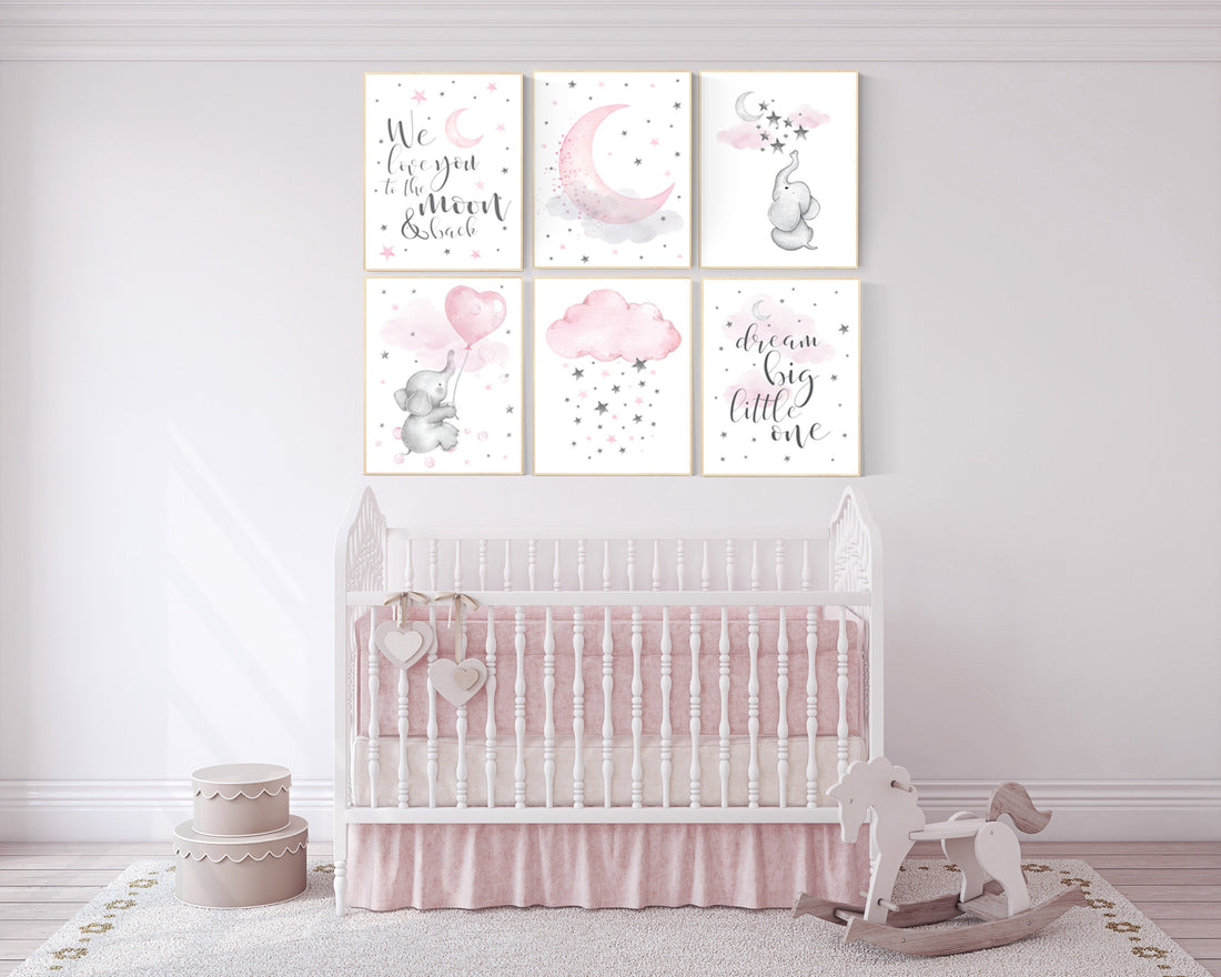 Nursery decor girl, nursery decor elephant, girl room wall art, baby nursery wall art, moon and stars nursery, nursery decor clouds stars