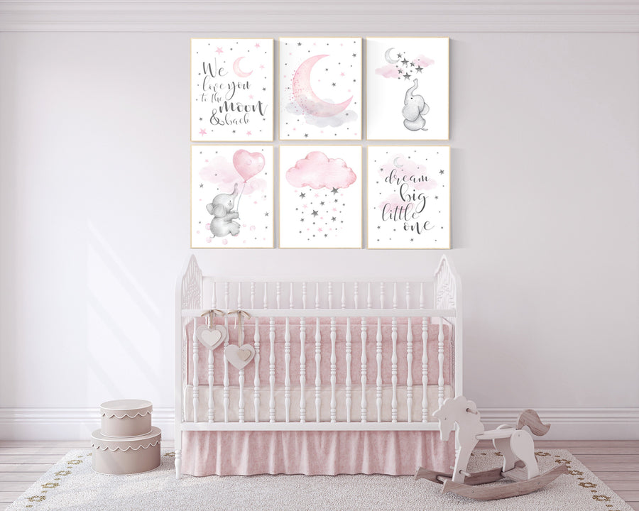 Nursery decor girl, nursery decor elephant, girl room wall art, baby nursery wall art, moon and stars nursery, nursery decor clouds stars