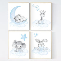 Nursery decor boy elephant, animal nursery, bunny nursery art, baby blue, bear nursery, giraffe baby room wall art