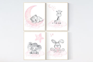 Nursery decor girl, elephant, bear, giraffe, bunny, animal nursery, bunny nursery art, moon, star, bear nursery, pink gray, woodland animals