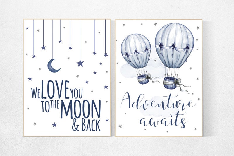 Adventure Awaits, nursery decor boy adventure, nursery decor, navy baby room, we love you to the moon and back, boy nursery wall art