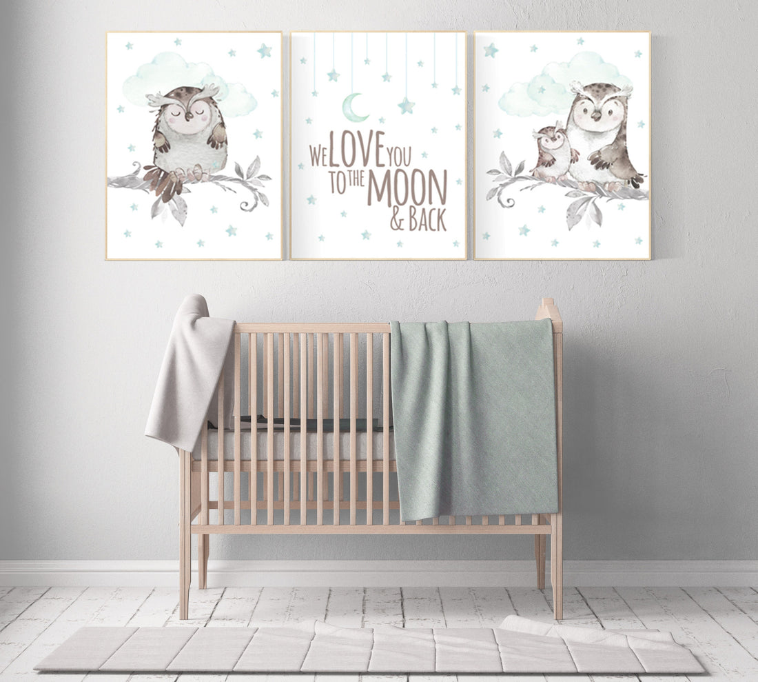Mint nursery decor, we love you to the moon and back, Nursery decor owl, owl nursery art, nursery wall art mint, mint green, gender neutral