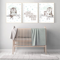 Mint nursery decor, we love you to the moon and back, Nursery decor owl, owl nursery art, nursery wall art mint, mint green, gender neutral
