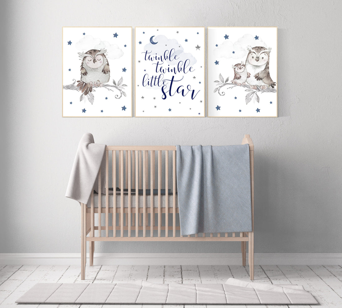 Nursery decor boy owls, navy nursery, nursery wall art boy, owl print nursery, owl print baby, twinkle twinkle little star, navy blue